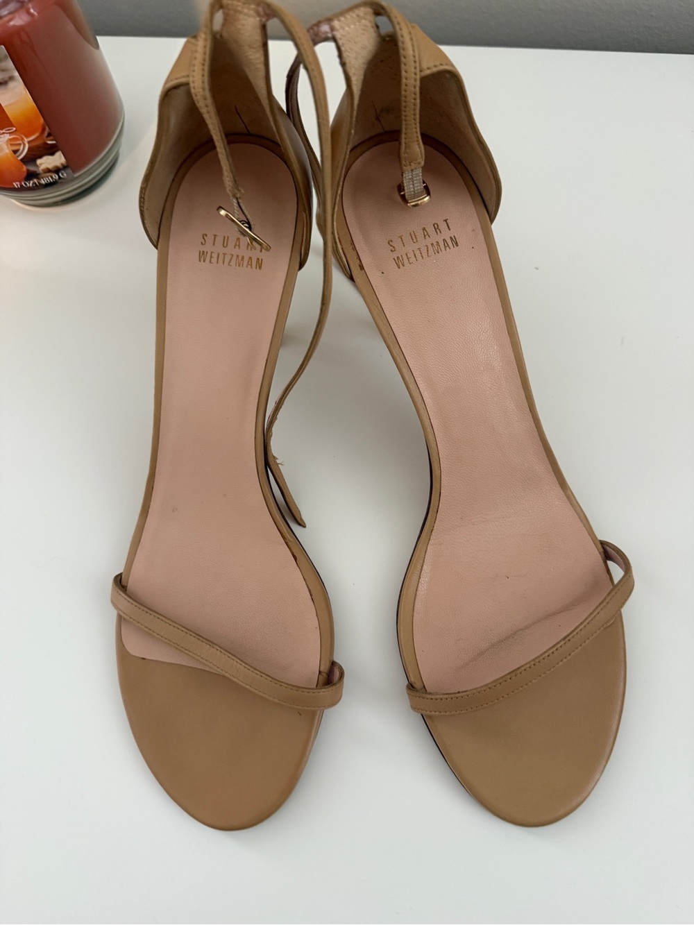 Stuart Weitzman Nude Tan Minimalist Ankle-Strap Heels